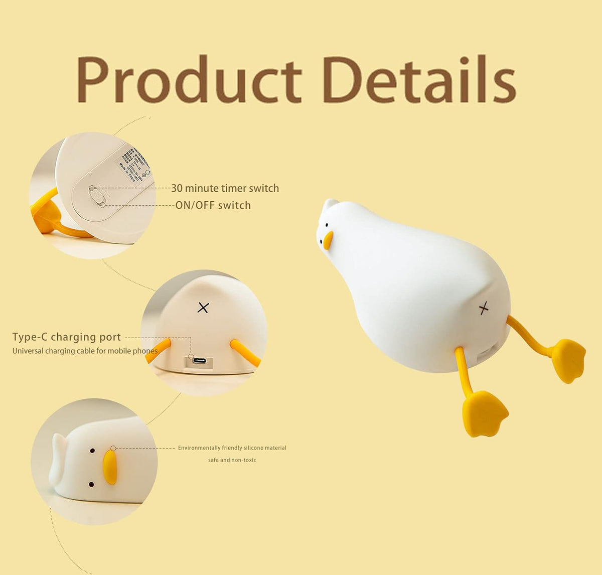 Rechargeable Silicone Duck Night Light with Touch Dimming