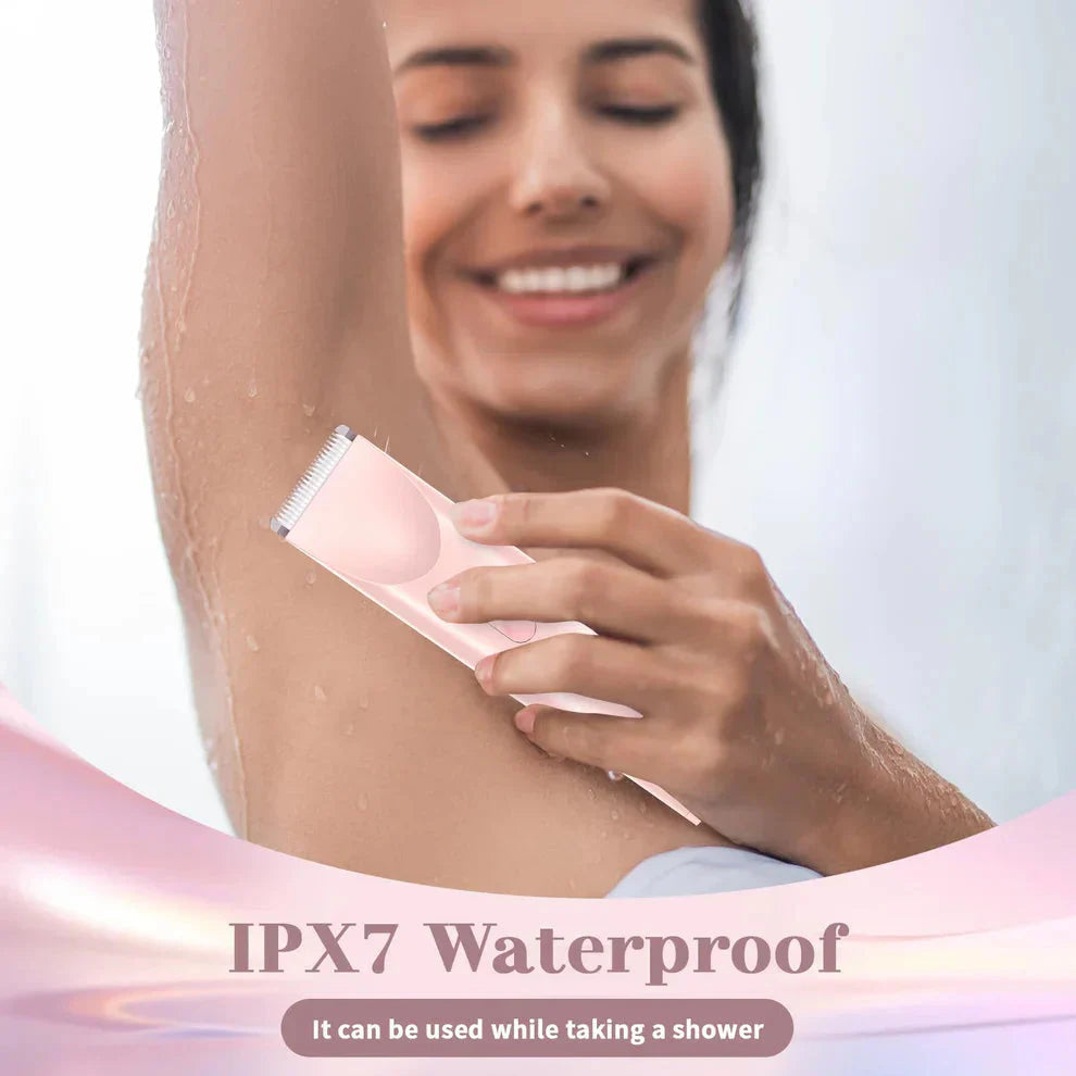 Woman using a pink waterproof shaver with text indicating it can be used while showering.