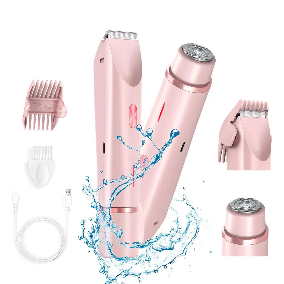 Pink hair removal device with attachments on a white background