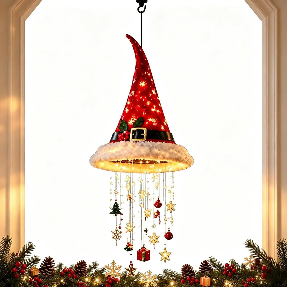 Battery-Powered Christmas Hat Hanging Light with Festive Patterns