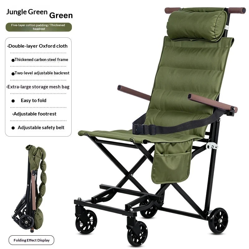 An olive green folding medical chair with a black metal frame and brown armrests, shown on a white background with product features and a folded view inset.