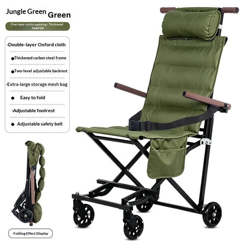 An olive green folding medical chair with a black metal frame and brown armrests, shown on a white background with product features and a folded view inset.