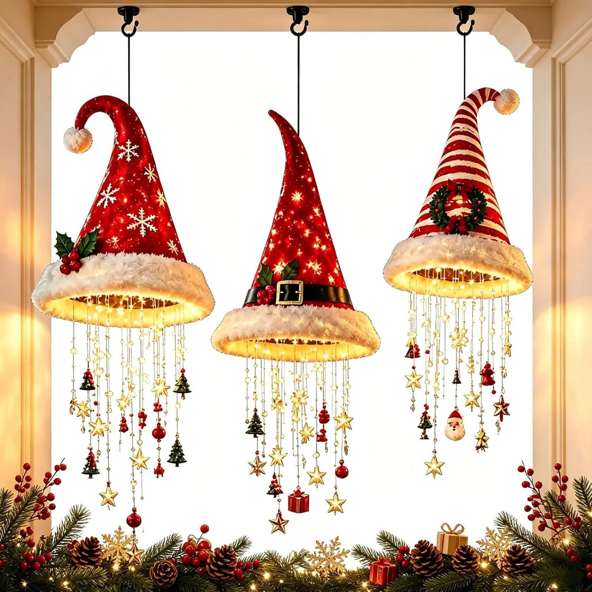 Battery-Powered Christmas Hat Hanging Light with Festive Patterns