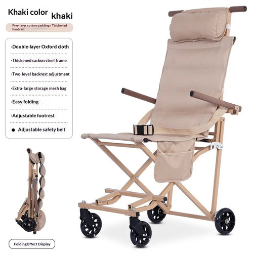 Khaki folding wheelchair with a beige padded cushioned frame, black wheels, and brown armrests, shown on a white background with product features and a folded view displayed in a text box.
