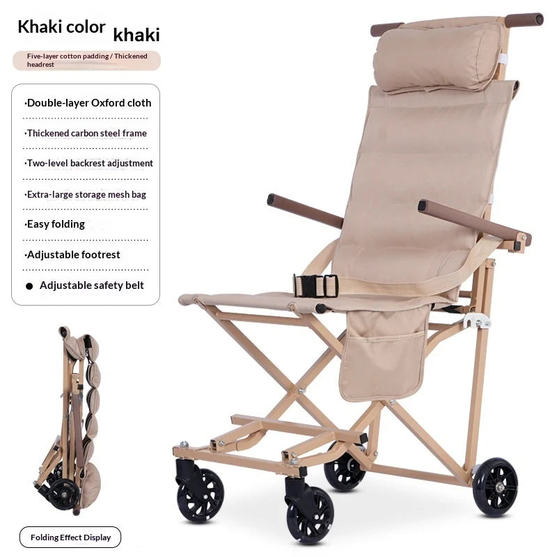 Khaki folding wheelchair with a beige padded cushioned frame, black wheels, and brown armrests, shown on a white background with product features and a folded view displayed in a text box.