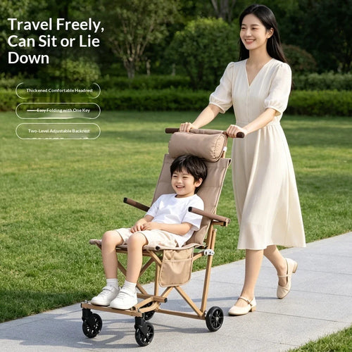 A woman in a cream dress pushes a beige and brown folding stroller with a child sitting inside along a paved path in a green park. Text on the left highlights features like thick comfort harness, easy folding with one key, and two-level adjustable bassinet.