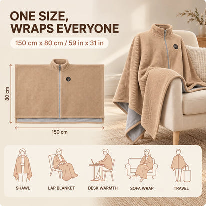 Synnot™ USB Heated Shawl, Soft Fleece Zip-Up Wrap