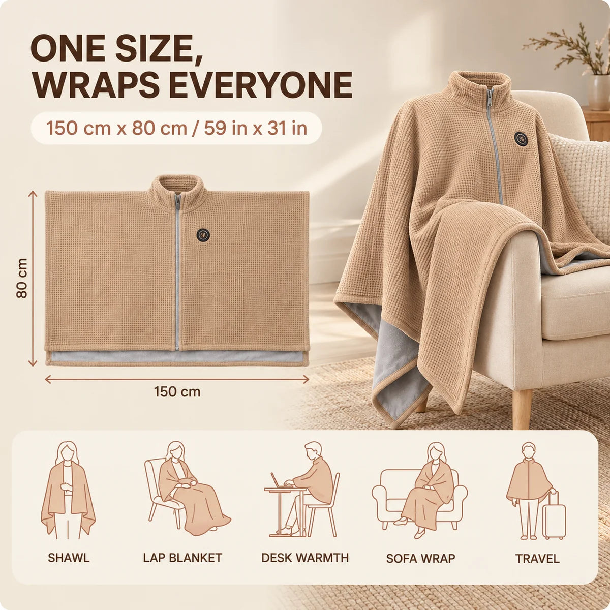 Synnot™ USB Heated Shawl, Soft Fleece Zip-Up Wrap