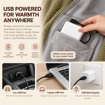 Synnot™ USB Heated Shawl, Soft Fleece Zip-Up Wrap