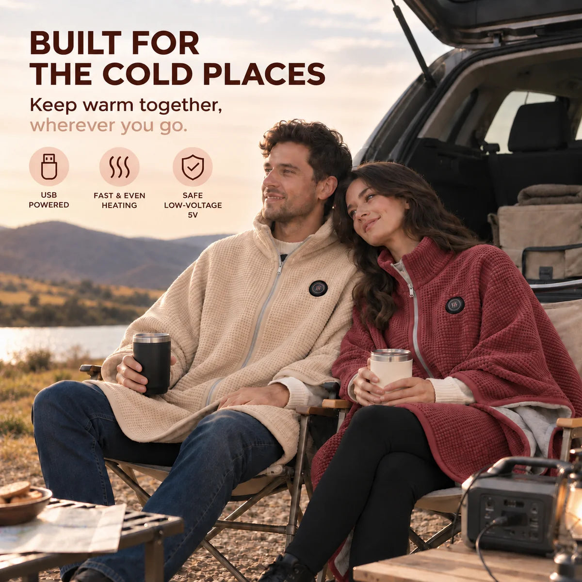Synnot™ USB Heated Shawl, Soft Fleece Zip-Up Wrap