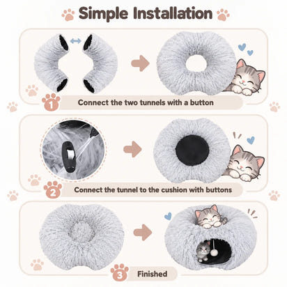 2-in-1 Cat Tunnel & Bed with Removable Cushion and Pom-Pom Toy