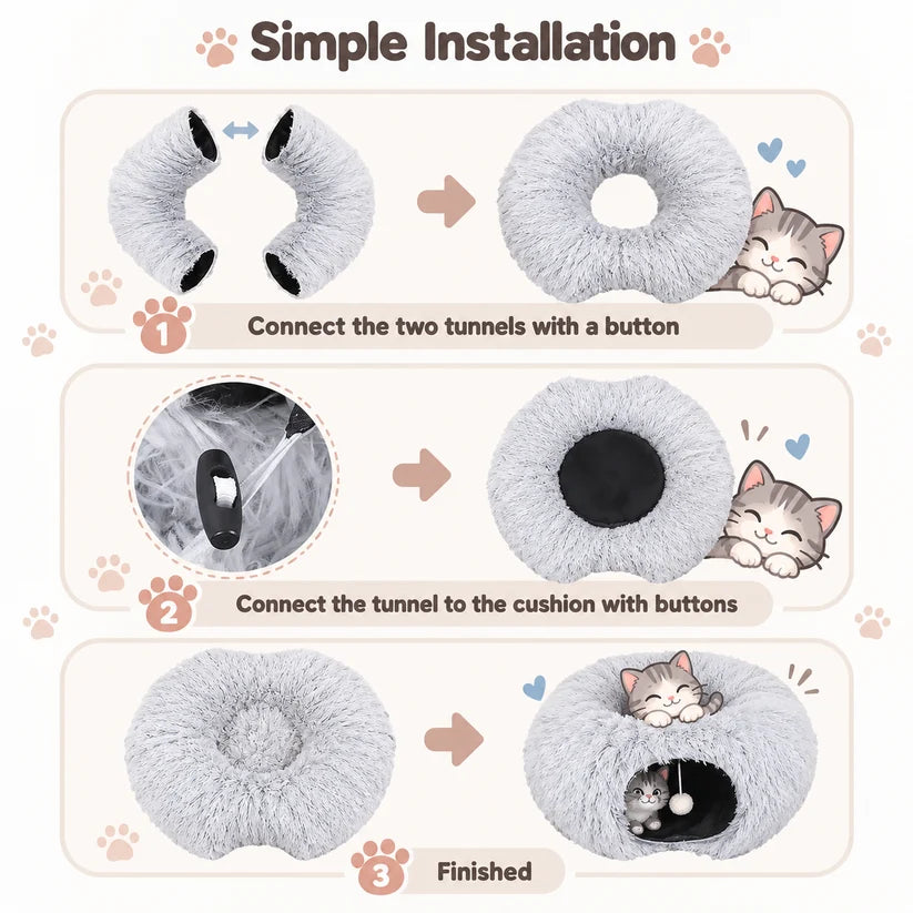 2-in-1 Cat Tunnel & Bed with Removable Cushion and Pom-Pom Toy