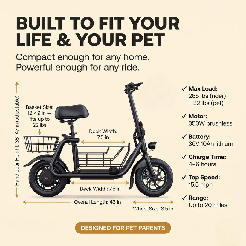 Electric Scooter with Built-In Pet Basket & 350W Motor