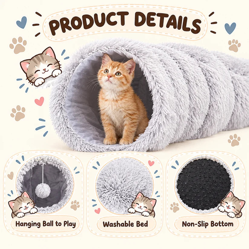 2-in-1 Cat Tunnel & Bed with Removable Cushion and Pom-Pom Toy