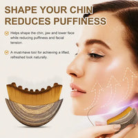 Facial tool for reducing puffiness and shaping the chin with a woman's face and product illustration.