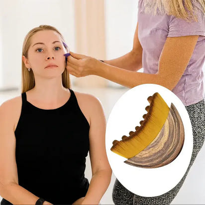 Woman receiving a facial treatment with a wooden tool, inset showing the tool's design.