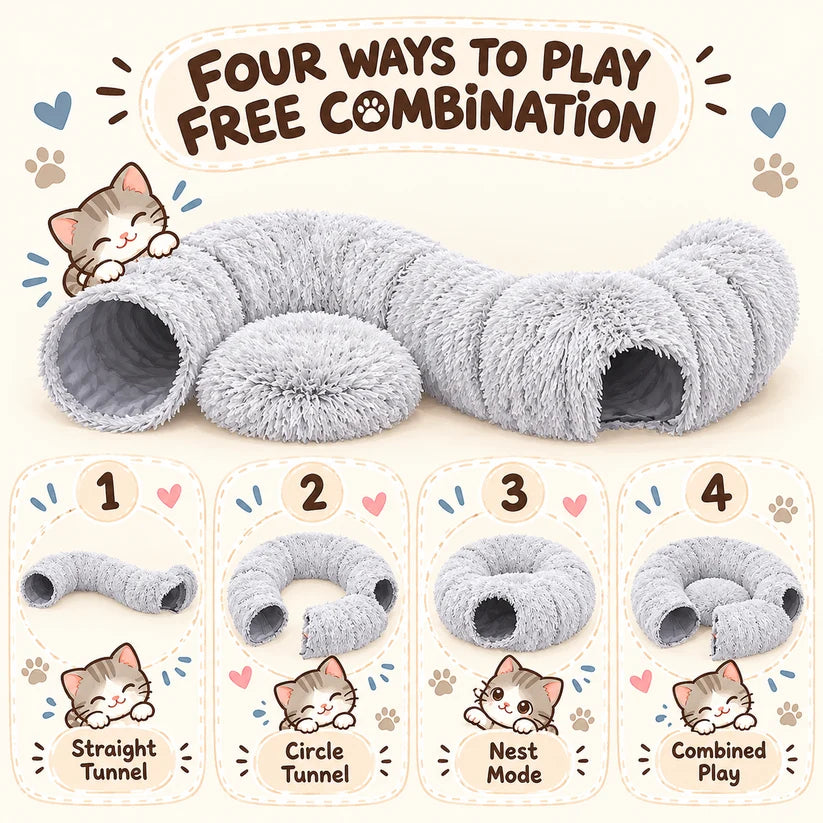 2-in-1 Cat Tunnel & Bed with Removable Cushion and Pom-Pom Toy