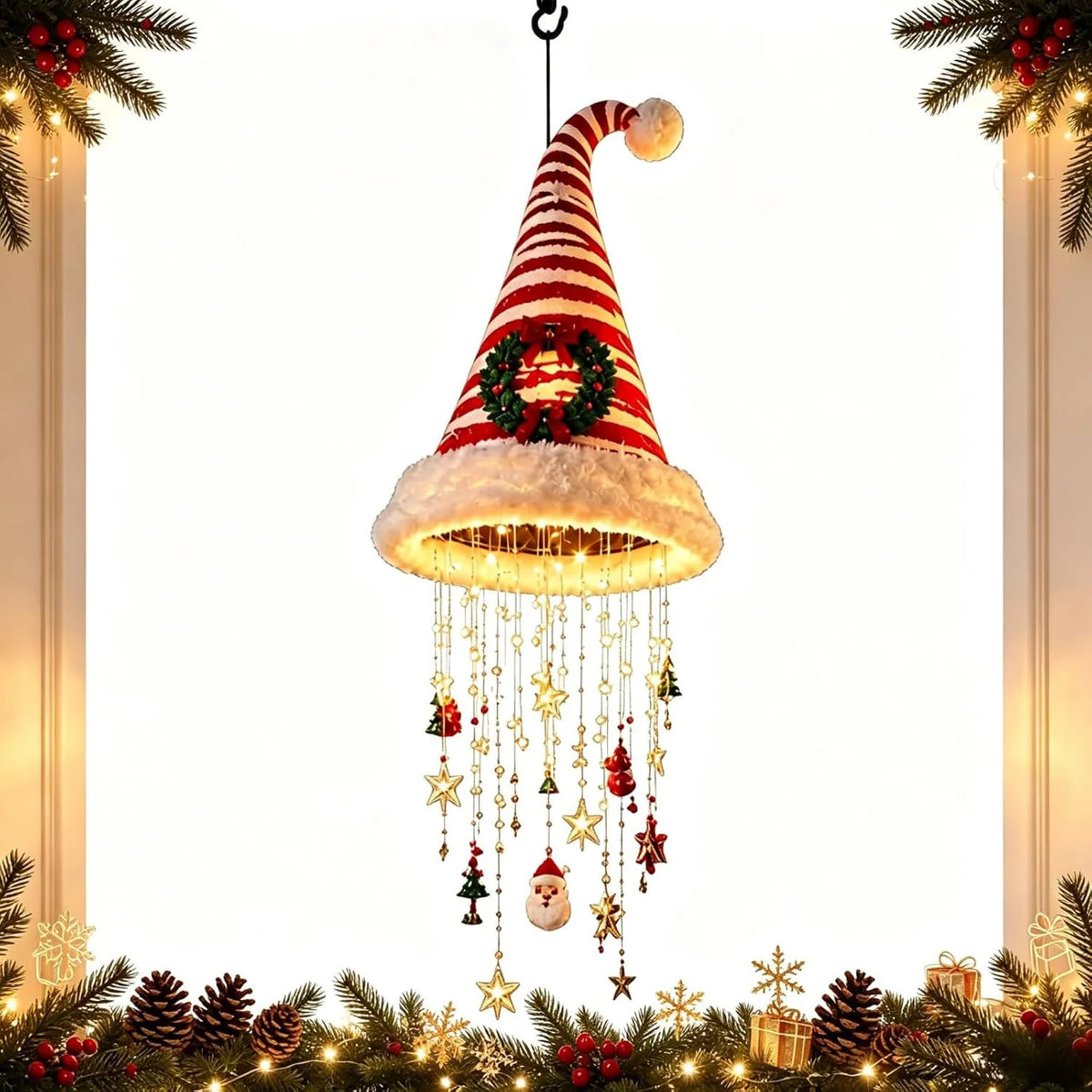 Battery-Powered Christmas Hat Hanging Light with Festive Patterns
