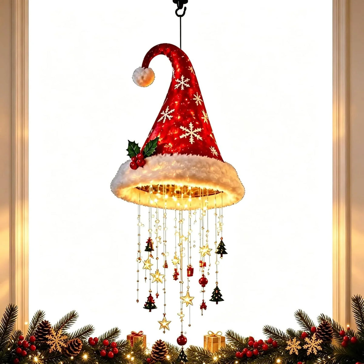 Battery-Powered Christmas Hat Hanging Light with Festive Patterns