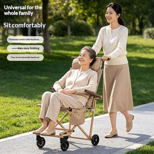 A beige folding wheelchair with a seat and push handle is shown outdoors on a paved path in a park, with an older woman seated in the wheelchair and a younger woman pushing it. Text on the left reads 'Universal for the whole family' and 'Sit comfortably' with feature callouts.
