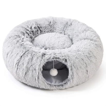 2-in-1 Cat Tunnel & Bed with Removable Cushion and Pom-Pom Toy