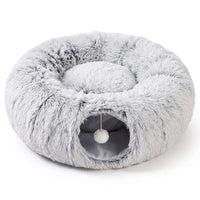 2-in-1 Cat Tunnel & Bed with Removable Cushion and Pom-Pom Toy