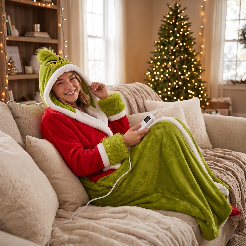 Heated Hooded Fleece Robe, One-Size Wearable Blanket