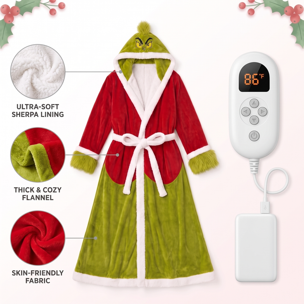 Heated Hooded Fleece Robe, One-Size Wearable Blanket